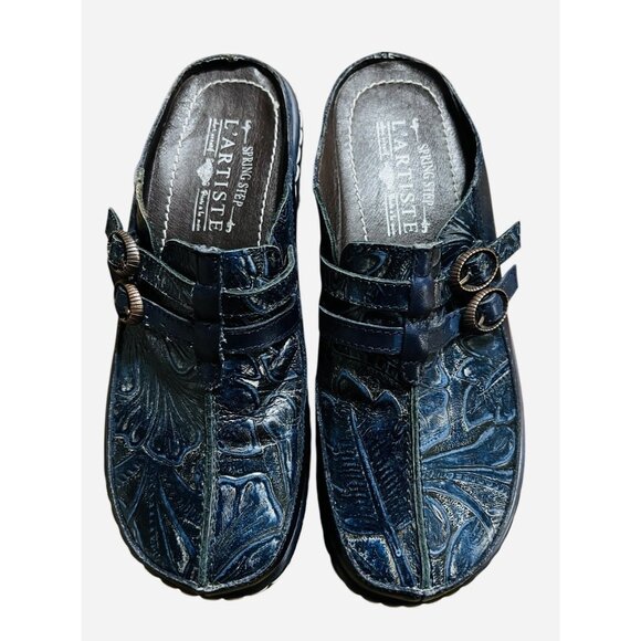Spring Step L'Artiste Popcorn Blue Leather Mules Slip On Clogs EU 36 US 6 - Picture 1 of 7